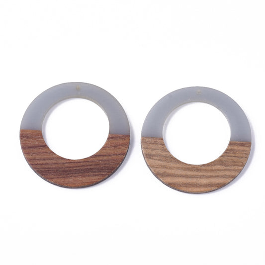 RW0046 - 4 pcs. Gray Resin and Wood Hoop Flat Pendant - 49mm - (1.93")- LARGE - Great for Earrings and Necklaces!