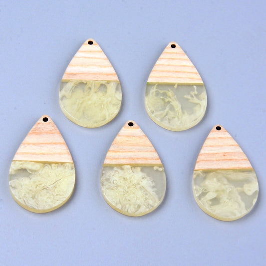RW0049 - 4 pcs. Cream Haze Resin and Wood Teardrop Flat Pendant - 39mm x 24mm - (1.54" x 0.95")
