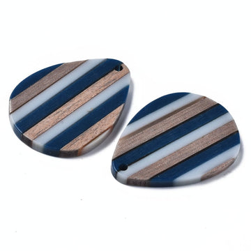 RW0050 - 4 pcs. Blue and Gray Stripe Resin and Wood Teardrop Flat Pendant - 36mm x 26mm - (1.4" x 1.02")