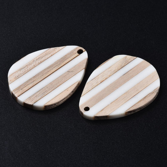 RW0051 - 4 pcs. Brown and White Stripe Resin and Wood Teardrop Flat Pendant - 36mm x 26mm - (1.4" x 1.02")