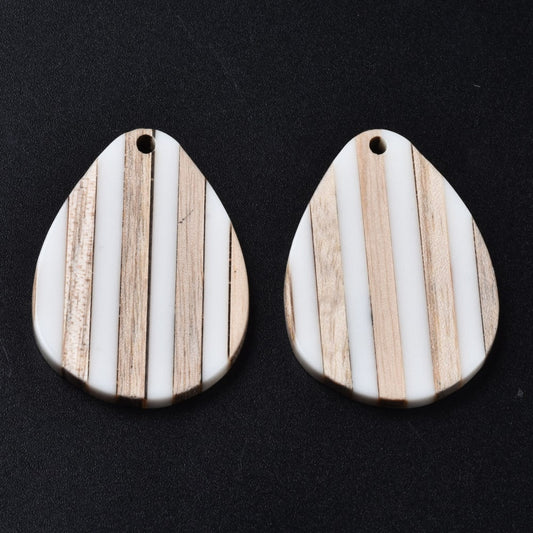 RW0051 - 4 pcs. Brown and White Stripe Resin and Wood Teardrop Flat Pendant - 36mm x 26mm - (1.4" x 1.02")