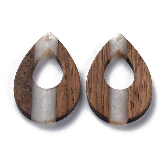 RW0052 - 4 pcs. Brown and White Resin and Wood Teardrop Flat Pendant - 38mm x 25mm - (1.5" x 1") - Great for Earrings and Necklaces!