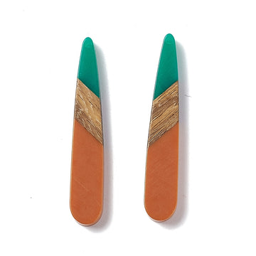 RW0061 - 4 pcs. Orange and Green Stripe Resin and Wood Teardrop Flat Pendant - 44mm x 8mm - (1.73" x 0.32")