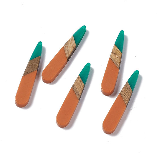 RW0061 - 4 pcs. Orange and Green Stripe Resin and Wood Teardrop Flat Pendant - 44mm x 8mm - (1.73" x 0.32")