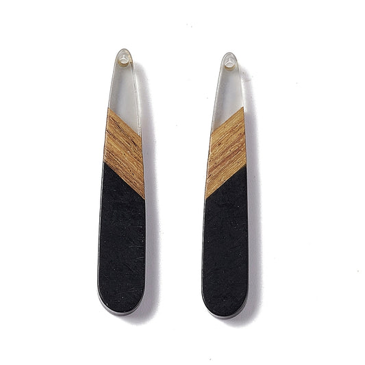 RW0064 - 4 pcs. Black and Clear Stripe Resin and Wood Teardrop Flat Pendant - 44mm x 8mm - (1.73" x 0.32")