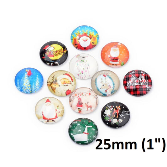 CA839 - 50 pcs Assortment of Circle Christmas Glass Round Dome Seals Tiles Cabochons - 25mm (1 inch)