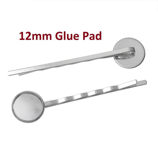 H028 - 10 pcs. - Silver Tone Hair Bobby Pins Cabochons Bezels - 61mm x 14mm (2.4" x  0.55") - 12mm Glue Pad