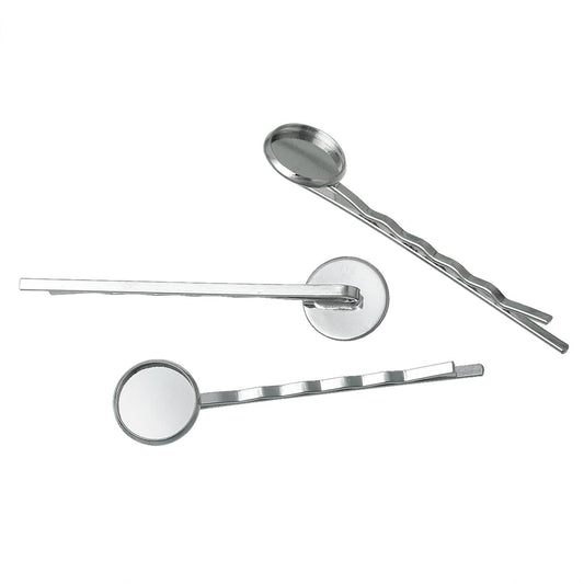 H028 - 10 pcs. - Silver Tone Hair Bobby Pins Cabochons Bezels - 61mm x 14mm (2.4" x  0.55") - 12mm Glue Pad