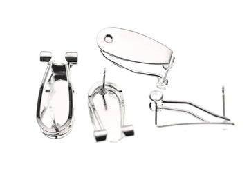 E637 - 10 pcs. (5 pairs) Silver Plated Fingernail Earring Posts/Bases/Studs/Settings with Rubber Backs - 20mm x 9mm