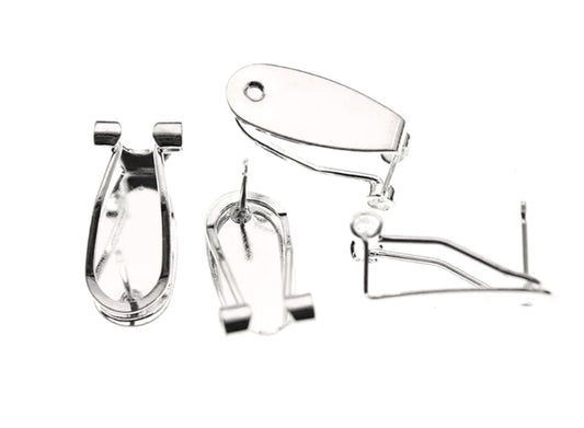 E637 - 10 pcs. (5 pairs) Silver Plated Fingernail Earring Posts/Bases/Studs/Settings with Rubber Backs - 20mm x 9mm