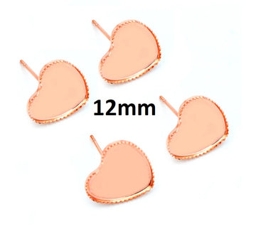 E887 - 10 pcs. Rose Gold Plated Heart Earring Posts Studs Settings Bezels Cabochons Tacks- 12mm Glue Pad Setting