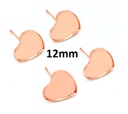 E887 - 10 pcs. Rose Gold Plated Heart Earring Posts Studs Settings Bezels Cabochons Tacks- 12mm Glue Pad Setting