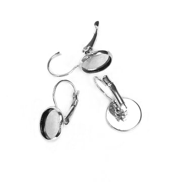 E289 - 10 pcs. Silver Tone Earring Clips Settings Lever Back Bezels Cabochons - 10mm Glue Pad Setting