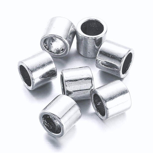 BD841 - 100 pcs Silver Plated Smooth Tube METAL Spacer Beads - 7mm x 6.5mm - Large Hole: 5mm - Fits European Cords and Paracord!