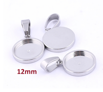 MP0065 - 5 pcs. 304 Stainless Steel Silver Tone Pendant Trays Circle Settings Bezels Cabochons - 12mm Glue Pad Setting - With Bail