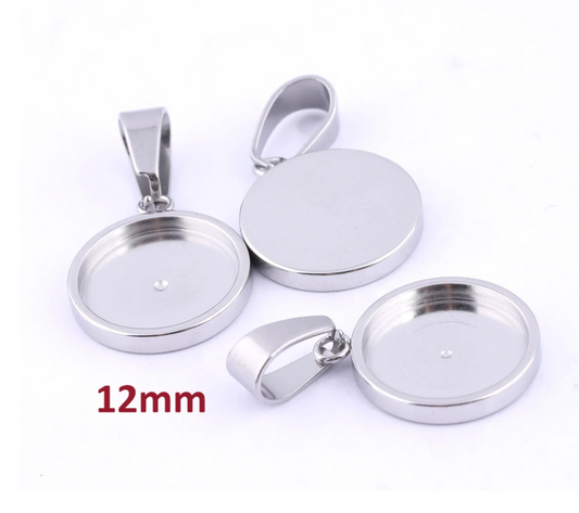 MP0065 - 5 pcs. 304 Stainless Steel Silver Tone Pendant Trays Circle Settings Bezels Cabochons - 12mm Glue Pad Setting - With Bail