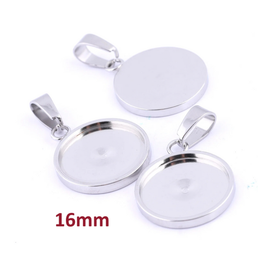 MP0066 - 5 pcs. 304 Stainless Steel Silver Tone Pendant Trays Circle Settings Bezels Cabochons - 16mm Glue Pad Setting - With Bail