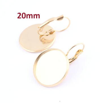 E656 - 10 pcs. 304 Stainless Steel Earring Clips Settings Lever Back Bezels Cabochons - 20mm Glue Pad Setting - Gold Plated