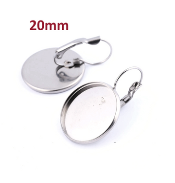 E655 - 10 pcs. 304 Stainless Steel Earring Clips Settings Lever Back Bezels Cabochons - 20mm Glue Pad Setting - Silver Tone