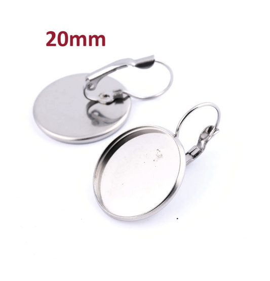 E655 - 10 pcs. 304 Stainless Steel Earring Clips Settings Lever Back Bezels Cabochons - 20mm Glue Pad Setting - Silver Tone