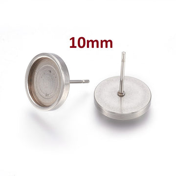 E016 - 10 pcs. 304 Stainless Steel Earring Posts Studs Settings Bezels Cabochons Tacks - 10mm Glue Pad Setting - Silver Tone - Flat Thick Bezel