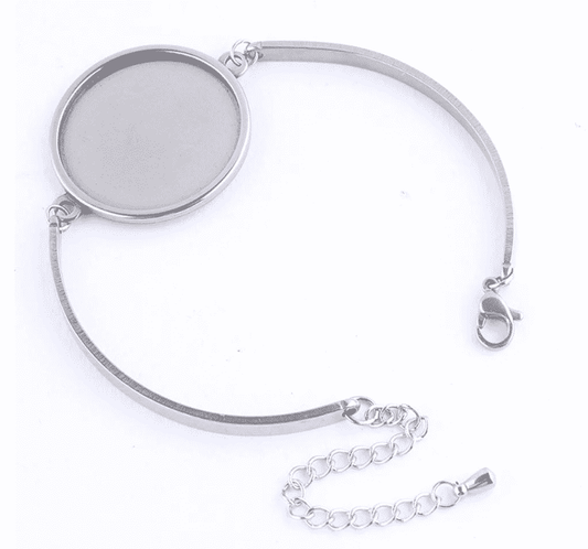 B106 - 2 pcs. 304 Stainless Steel Silver Tone Bezel Cabochon Bracelets - 25mm Glue Pad - with Extender Chain