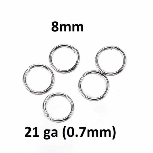 J708 - 100 pcs 304 Stainless Steel Open Jump Rings 8mm - 21 Gauge (0.7mm) - Tarnish Resistant!