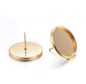 E820 - 10 pcs. Stainless Steel Gold Plated Earring Posts Settings Bezels Cabochons Tacks- 20mm Glue Pad Setting