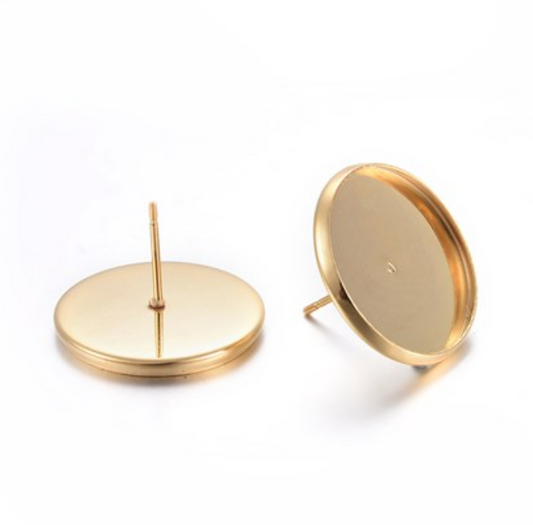 E820 - 10 pcs. Stainless Steel Gold Plated Earring Posts Settings Bezels Cabochons Tacks- 20mm Glue Pad Setting