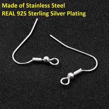 E921- 50 pcs 304 Stainless Steel 925 Sterling Silver Plated Earring Hooks with Spring and Ball - 25mm x 20mm - Hole Size: 2.3mm - Parallel Loop