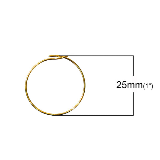 W011 - 50 pcs. Gold Plated Wine Charm Rings / Earwire Hoop - 25mm (1 inch) - Unbent