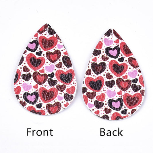 PFL0001 - 10 pcs. Black and Pink Faux Leather Dangle Charms Pendants - Teardrop - Valentine's Day - 56mm (2.2") - Double-Sided - Hearts