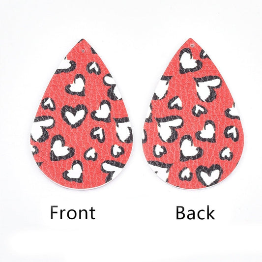 PFL0002 - 10 pcs. Black and Red Faux Leather Dangle Charms Pendants - Teardrop - Valentine's Day - 56mm (2.2") - Double-Sided - Hearts