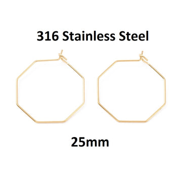 W041 - 10 pcs. 316 Surgical Stainless Steel Ion Gold Plated Wine Charm / Earwire Hoop Rings - 25mm - 21 Gauge (0.7mm Thick) - Hypoallergenic! Octagon