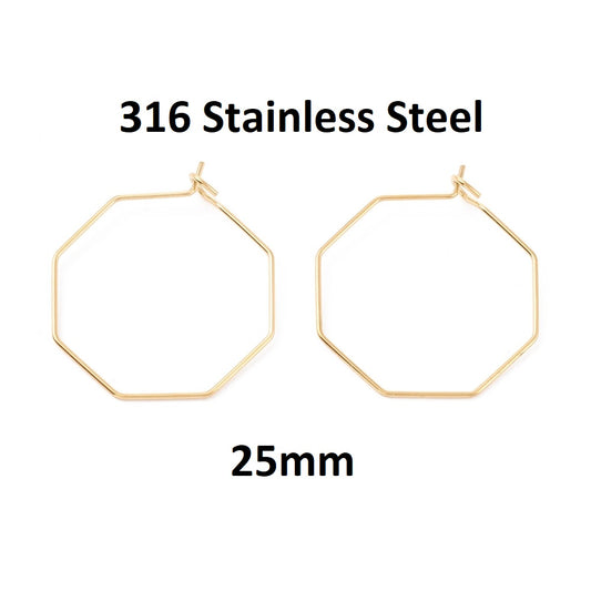 W041 - 10 pcs. 316 Surgical Stainless Steel Ion Gold Plated Wine Charm / Earwire Hoop Rings - 25mm - 21 Gauge (0.7mm Thick) - Hypoallergenic! Octagon
