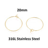 W043 - 10 pcs. 316L Surgical Stainless Steel Gold Plated Wine Charm / Earwire Hoop Rings - 20mm - 21 Gauge (0.7mm Thick) - Hypoallergenic! - Style A