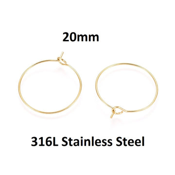W043 - 10 pcs. 316L Surgical Stainless Steel Gold Plated Wine Charm / Earwire Hoop Rings - 20mm - 21 Gauge (0.7mm Thick) - Hypoallergenic! - Style A