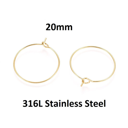 W043 - 10 pcs. 316L Surgical Stainless Steel Gold Plated Wine Charm / Earwire Hoop Rings - 20mm - 21 Gauge (0.7mm Thick) - Hypoallergenic! - Style A