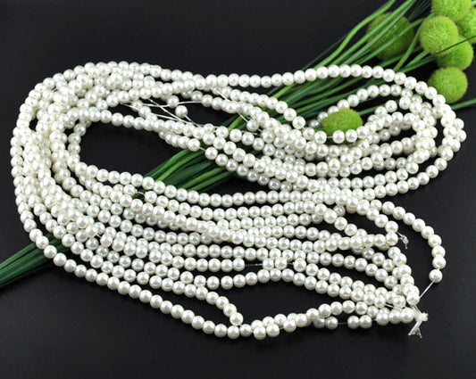 BD214 - 4mm White Glass Pearl Imitation Round Beads - 32 inch strand - Approx. 210 beads - Hole Size: 1mm