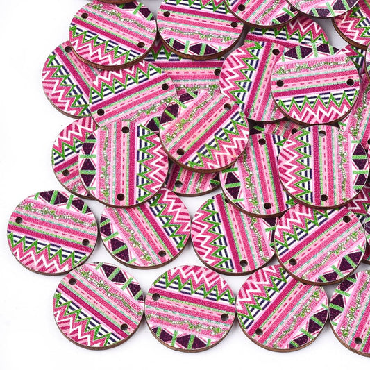 WP0014 - 10 pcs. Pink Boho Wood Circle Flat Connectors – 20mm x 2mm - Hole Size: 1.5mm