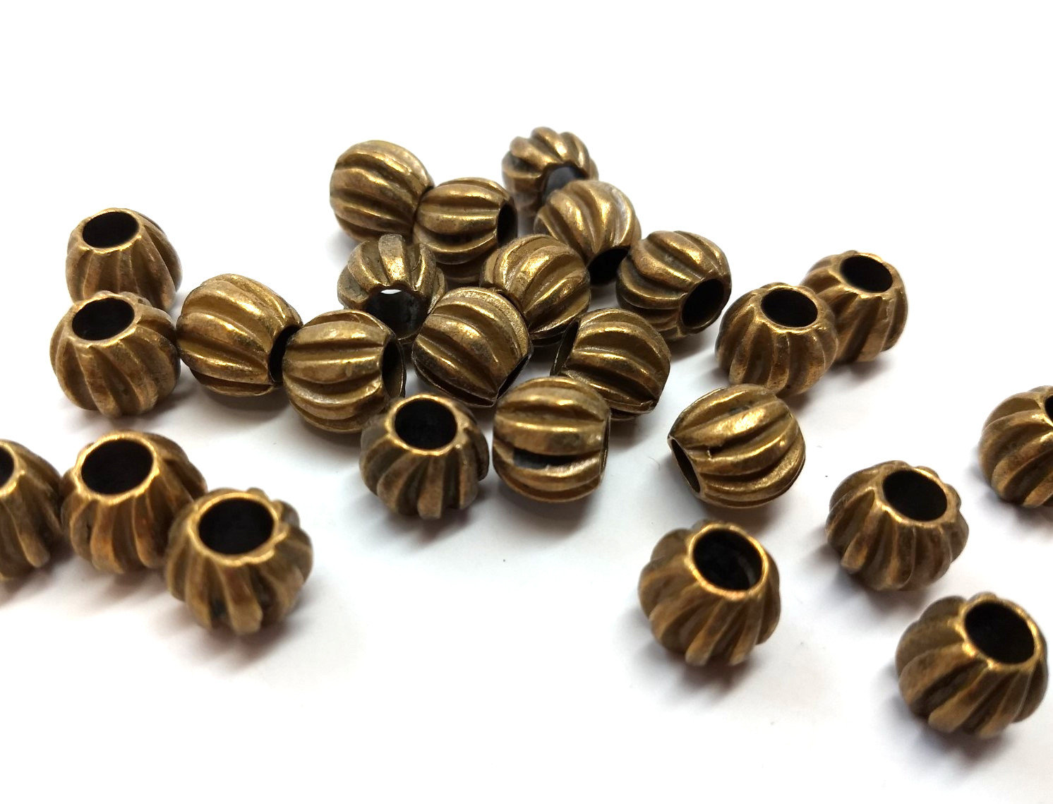 BD720 - 25 pcs Antique Brass Corrugated Striped METAL Ball Spacer Beads ...