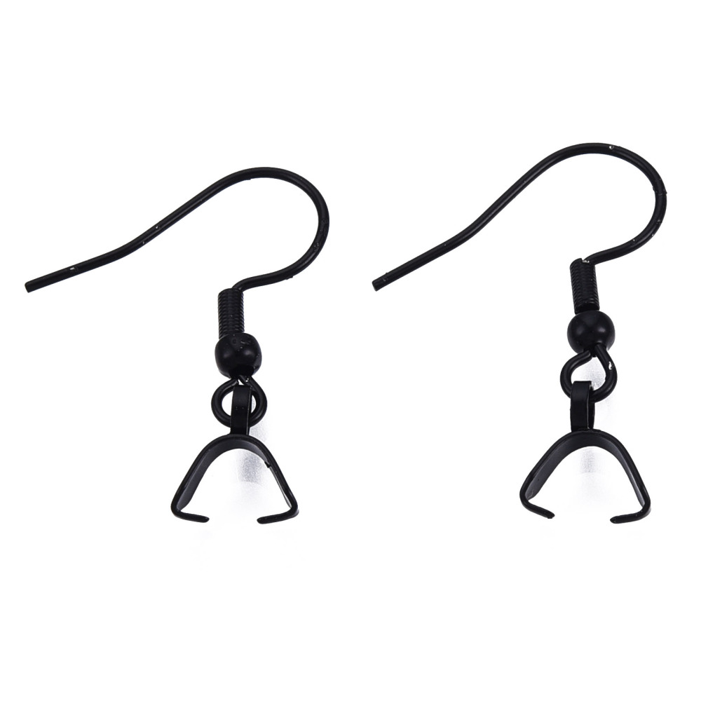 E912 - 8 pcs 304 Stainless Steel Earring Hooks with Spring and Ball - 27mm  x 20mm - With Pinch Clips Bails - Black - Favored Memories