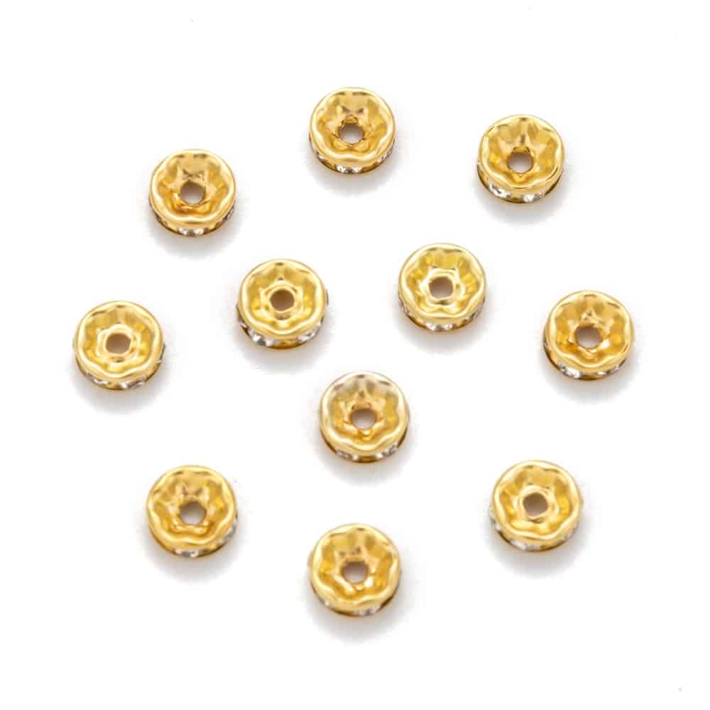 BD915A - 50 pcs Golden Clear Rhinestone Rondelle Spacer Beads - 8mm x 3.8mm  - Grade B - Hole Size: 1.5mm - Curved Edge - Favored Memories